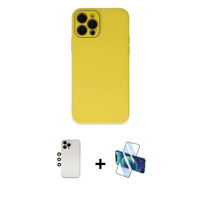 MARSİLYAN™- iPhone 12 Pro Kılıf Çekirdek Modern Serisi - Siyah 3D Antistatik Cam Ekran Koruyucu + Shine Kamera Lens - GD