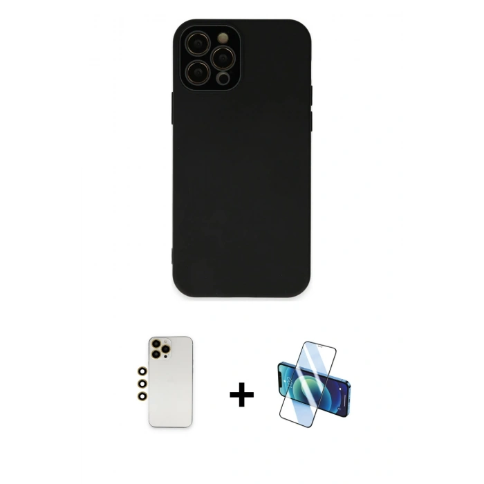 MARSİLYAN™- iPhone 12 Pro Kılıf Çekirdek Modern Serisi - Siyah 3D Antistatik Cam Ekran Koruyucu + Shine Kamera Lens - GD