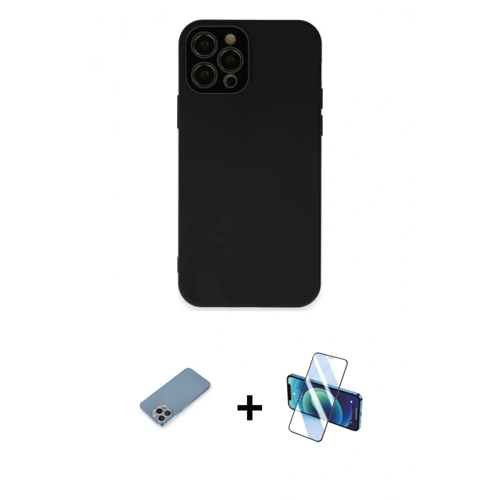 MARSİLYAN™- iPhone 12 Pro Kılıf Çekirdek Modern Serisi - Siyah 3D Antistatik Cam Ekran Koruyucu + Shine Kamera Lens Koruma Cam - GI