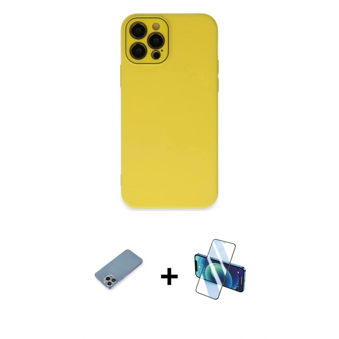 MARSİLYAN™- iPhone 12 Pro Kılıf Çekirdek Modern Serisi - Siyah 3D Antistatik Cam Ekran Koruyucu + Shine Kamera Lens Koruma Cam - GI