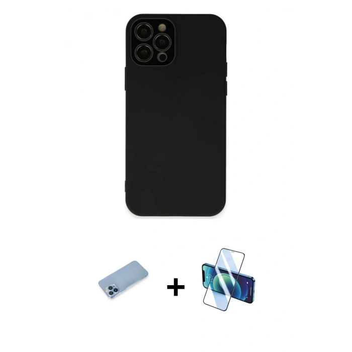MARSİLYAN™- iPhone 12 Pro Kılıf Çekirdek Modern Serisi - Siyah 3D Antistatik Cam Ekran Koruyucu + Shine Kamera Lens Koruma Cam - MI