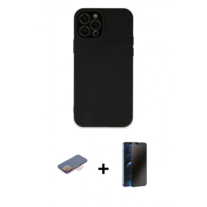MARSİLYAN™- iPhone 12 Pro Kılıf Çekirdek Modern Serisi - Siyah 3D Antistatik Hayalet Cam Ekran Koruyucu + Renkli Kamera Lens Koruma Cam - TU