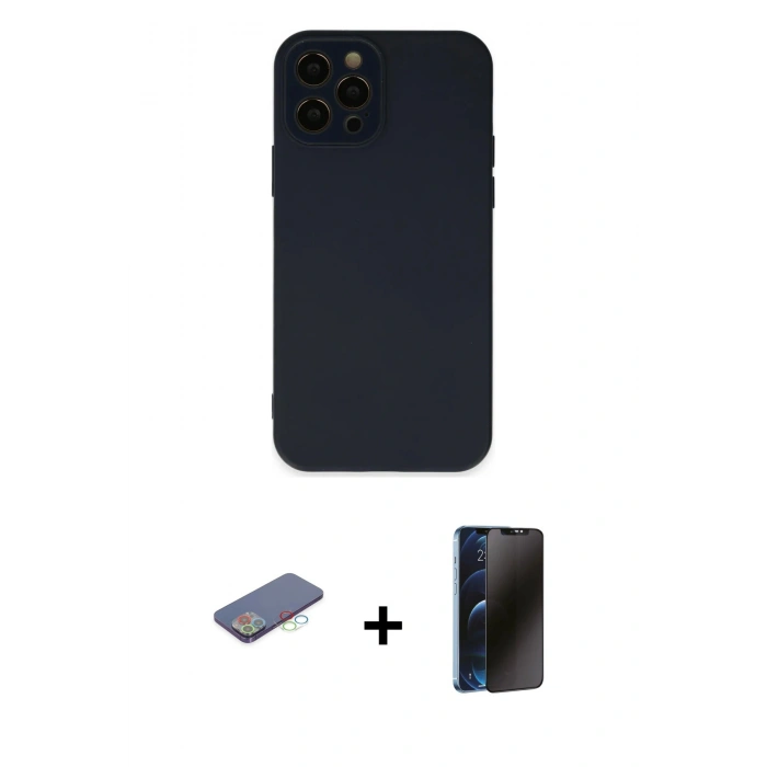 MARSİLYAN™- iPhone 12 Pro Kılıf Çekirdek Modern Serisi - Siyah 3D Antistatik Hayalet Cam Ekran Koruyucu + Renkli Kamera Lens Koruma Cam - MI