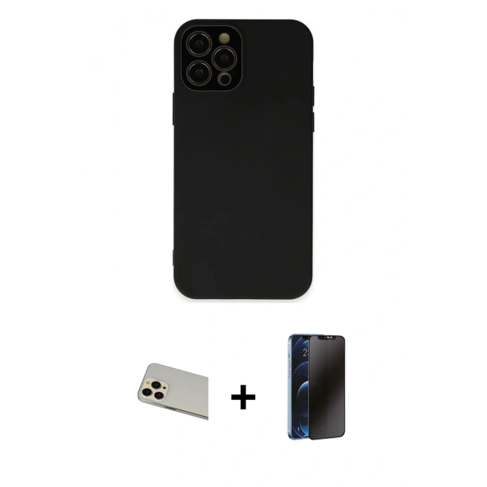 MARSİLYAN™- iPhone 12 Pro Kılıf Çekirdek Modern Serisi - Siyah 3D Antistatik Hayalet Cam Ekran Koruyucu + Rainbow Kamera Lens Koruma Cam - GD