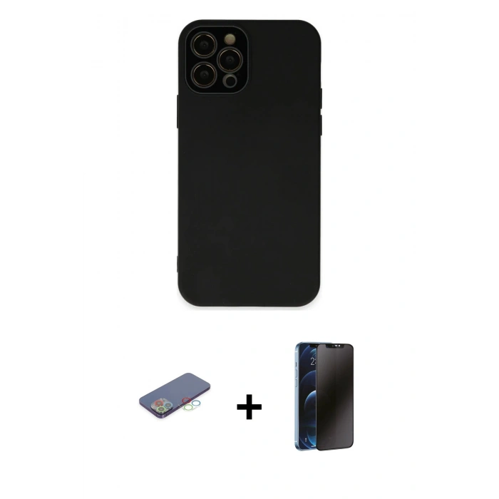 MARSİLYAN™- iPhone 12 Pro Kılıf Çekirdek Modern Serisi - Siyah 3D Antistatik Hayalet Cam Ekran Koruyucu + Renkli Kamera Lens Koruma Cam - MI