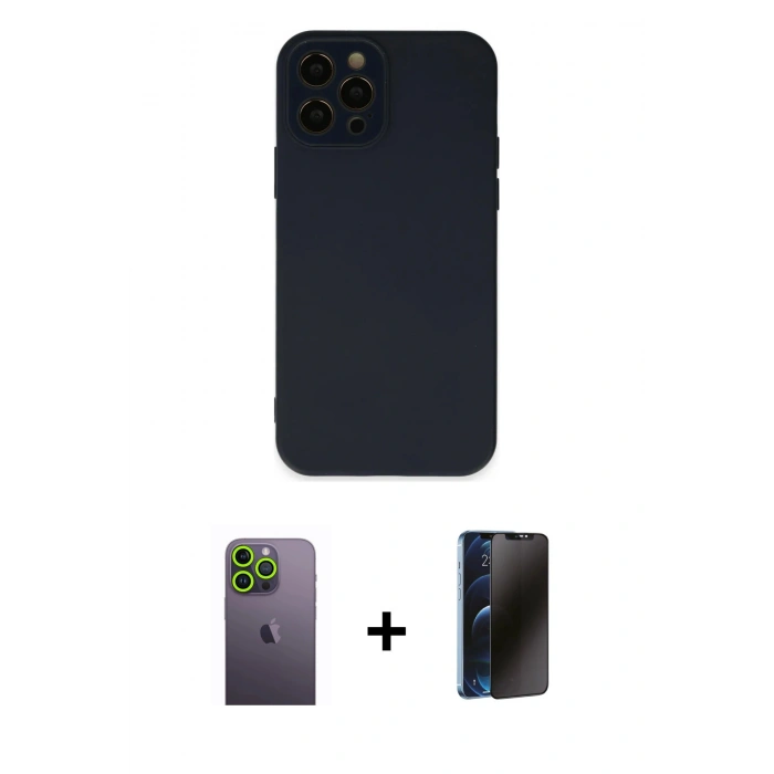 MARSİLYAN™- iPhone 12 Pro Kılıf Çekirdek Modern Serisi - Siyah 3D Antistatik Hayalet Cam Ekran Koruyucu + Neon Fosforlu Kamera Lens - YL