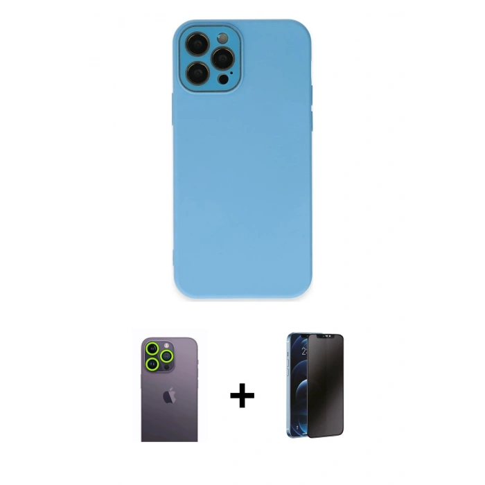 MARSİLYAN™- iPhone 12 Pro Kılıf Çekirdek Modern Serisi - Siyah 3D Antistatik Hayalet Cam Ekran Koruyucu + Neon Fosforlu Kamera Lens - YL