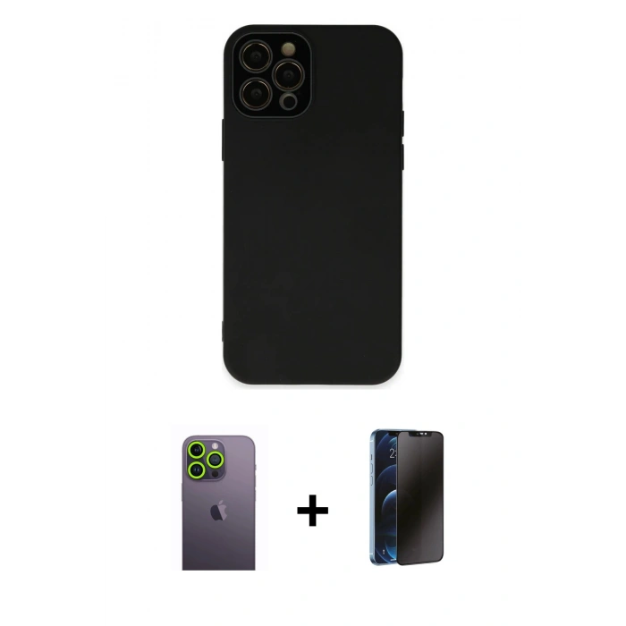 MARSİLYAN™- iPhone 12 Pro Kılıf Çekirdek Modern Serisi - Siyah 3D Antistatik Hayalet Cam Ekran Koruyucu + Neon Fosforlu Kamera Lens - YL