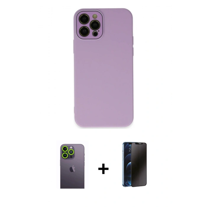 MARSİLYAN™- iPhone 12 Pro Kılıf Çekirdek Modern Serisi - Siyah 3D Antistatik Hayalet Cam Ekran Koruyucu + Neon Fosforlu Kamera Lens - YL