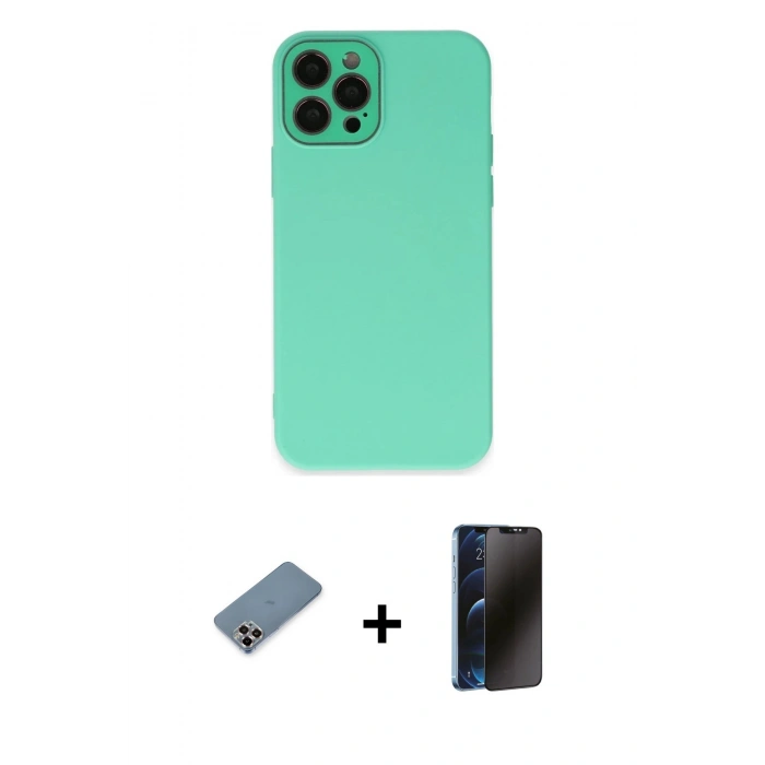MARSİLYAN™- iPhone 12 Pro Kılıf Çekirdek Modern Serisi - Siyah 3D Antistatik Hayalet Cam Ekran Koruyucu + Metal Kamera Lens Koruma Cam - MR