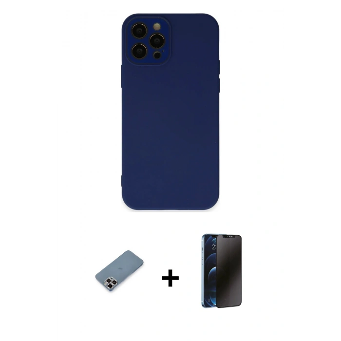 MARSİLYAN™- iPhone 12 Pro Kılıf Çekirdek Modern Serisi - Siyah 3D Antistatik Hayalet Cam Ekran Koruyucu + Metal Kamera Lens Koruma Cam - MR