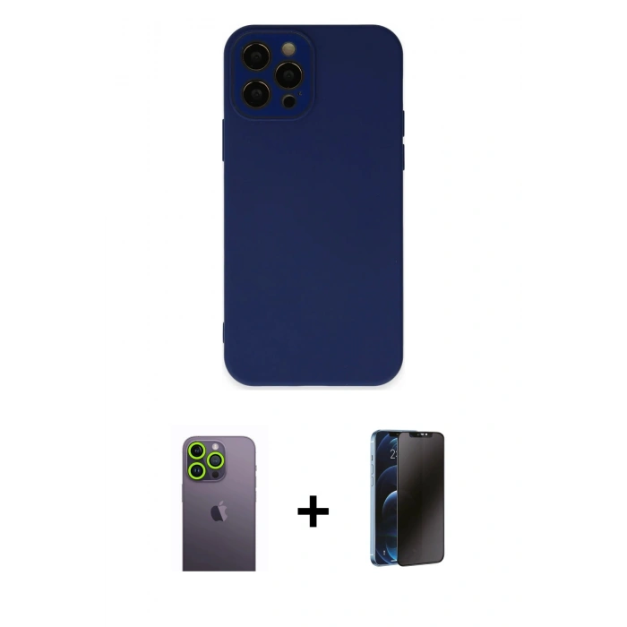 MARSİLYAN™- iPhone 12 Pro Kılıf Çekirdek Modern Serisi - Siyah 3D Antistatik Hayalet Cam Ekran Koruyucu + Neon Fosforlu Kamera Lens - YL