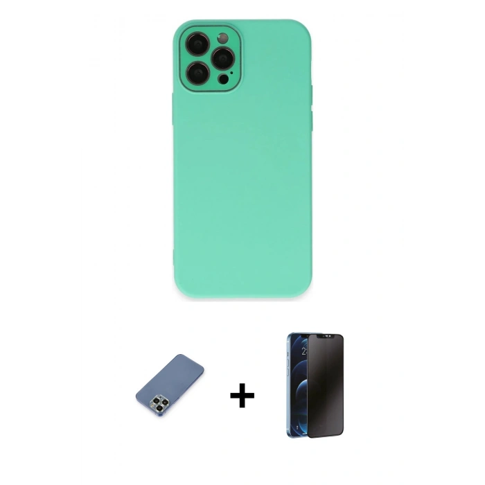 MARSİLYAN™- iPhone 12 Pro Kılıf Çekirdek Modern Serisi - Siyah 3D Antistatik Hayalet Cam Ekran Koruyucu + Metal Kamera Lens Koruma Cam - AKYL