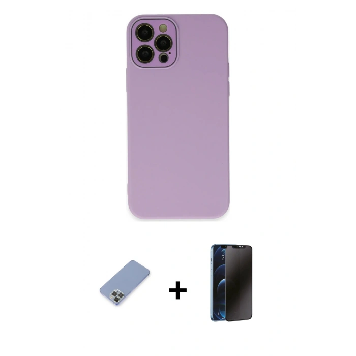 MARSİLYAN™- iPhone 12 Pro Kılıf Çekirdek Modern Serisi - Siyah 3D Antistatik Hayalet Cam Ekran Koruyucu + Metal Kamera Lens Koruma Cam - KUYL