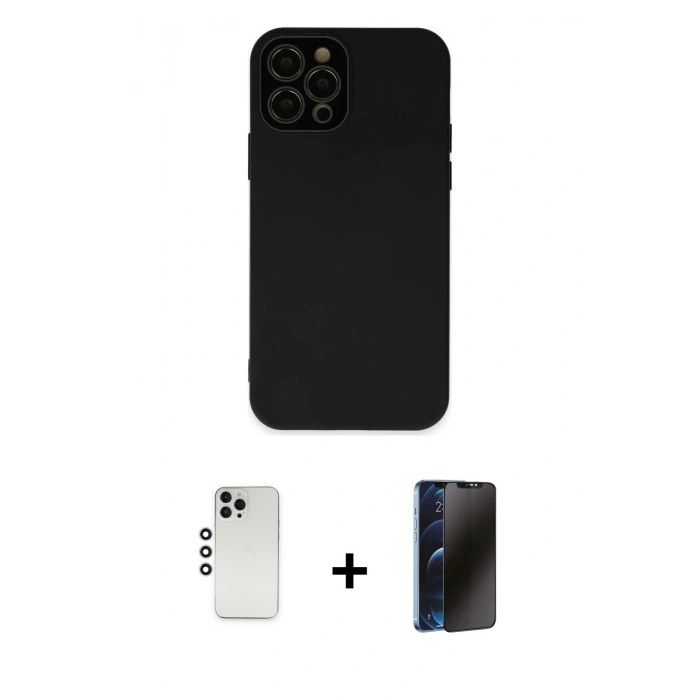 MARSİLYAN™- iPhone 12 Pro Kılıf Çekirdek Modern Serisi - Siyah 3D Antistatik Hayalet Cam Ekran Koruyucu + Shine Kamera Lens - GS