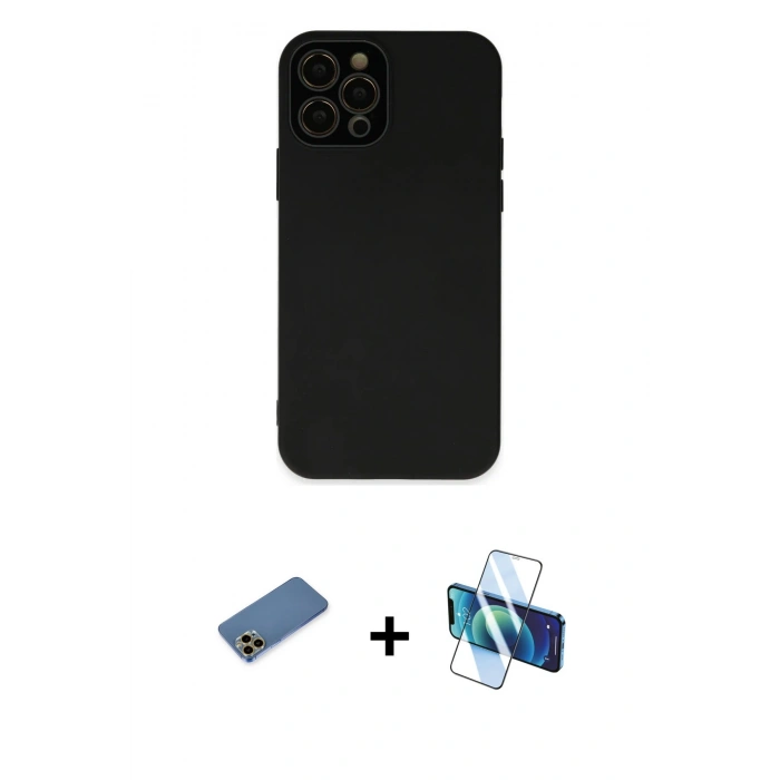 MARSİLYAN™- iPhone 12 Pro Kılıf Çekirdek Modern Serisi - Siyah 3D Antistatik Seramik Nano Ekran Koruyucu + Shine Kamera Lens Koruma Cam - GD