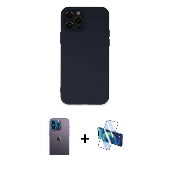 MARSİLYAN™- iPhone 12 Pro Kılıf Çekirdek Modern Serisi - Siyah 3D Antistatik Seramik Nano Ekran Koruyucu + Neon Fosforlu Kamera Lens - MI