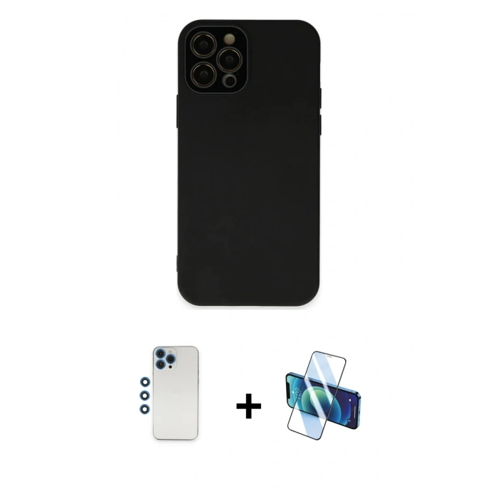 MARSİLYAN™- iPhone 12 Pro Kılıf Çekirdek Modern Serisi - Siyah 3D Antistatik Seramik Nano Ekran Koruyucu + Shine Kamera Lens - MI