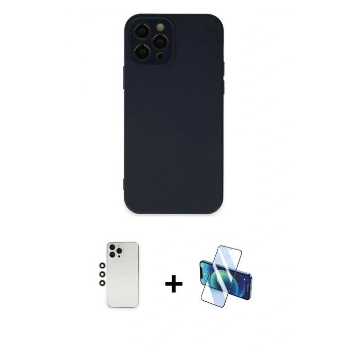 MARSİLYAN™- iPhone 12 Pro Kılıf Çekirdek Modern Serisi - Siyah 3D Antistatik Seramik Nano Ekran Koruyucu + Gümüş Shine Kamera Lens