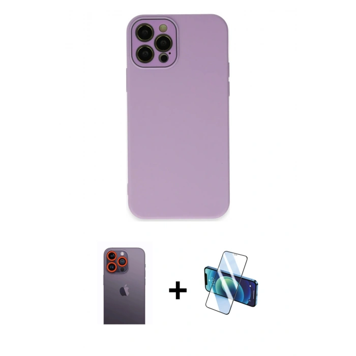 MARSİLYAN™- iPhone 12 Pro Kılıf Çekirdek Modern Serisi - Siyah 3D Antistatik Seramik Nano Ekran Koruyucu + Neon Fosforlu Kamera Lens - TU