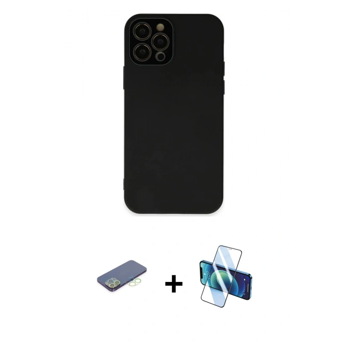 MARSİLYAN™- iPhone 12 Pro Kılıf Çekirdek Modern Serisi - Siyah 3D Antistatik Seramik Nano Ekran Koruyucu + Renkli Kamera Lens Koruma Cam - YL