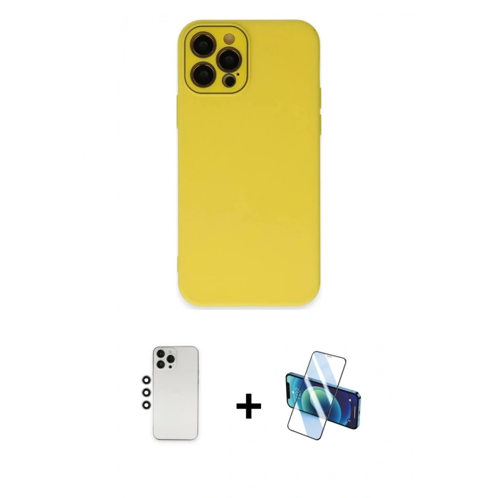 MARSİLYAN™- iPhone 12 Pro Kılıf Çekirdek Modern Serisi - Siyah 3D Antistatik Seramik Nano Ekran Koruyucu + Gümüş Shine Kamera Lens