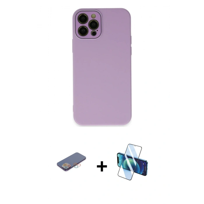 MARSİLYAN™- iPhone 12 Pro Kılıf Çekirdek Modern Serisi - Siyah 3D Antistatik Seramik Nano Ekran Koruyucu + Renkli Kamera Lens Koruma Cam - PE