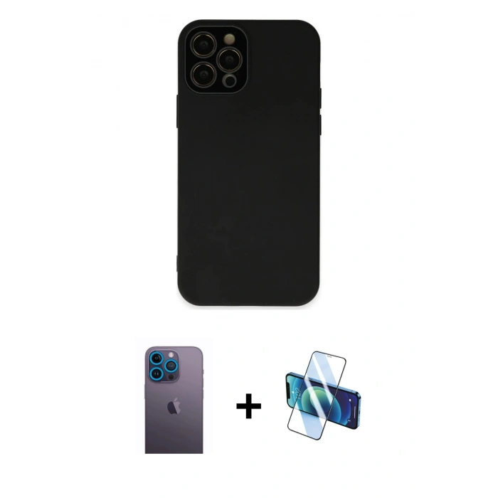 MARSİLYAN™- iPhone 12 Pro Kılıf Çekirdek Modern Serisi - Siyah 3D Antistatik Seramik Nano Ekran Koruyucu + Neon Fosforlu Kamera Lens - MI