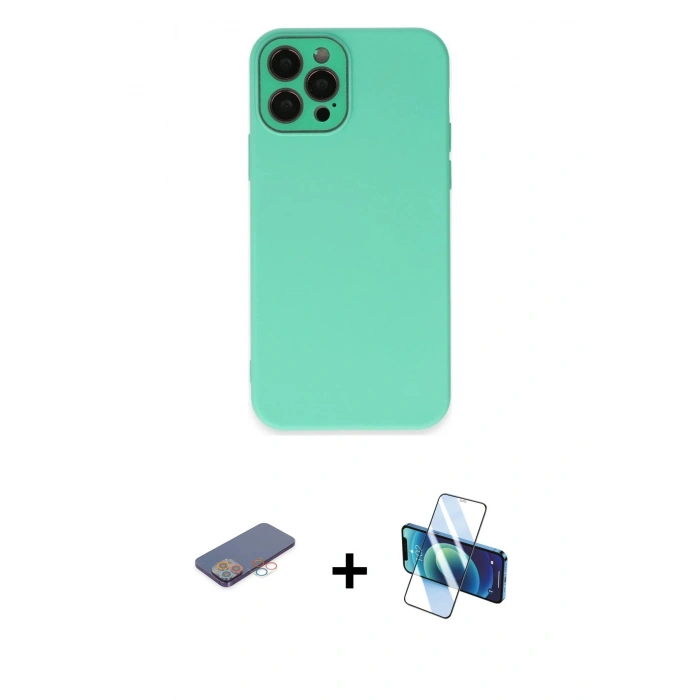 MARSİLYAN™- iPhone 12 Pro Kılıf Çekirdek Modern Serisi - Siyah 3D Antistatik Seramik Nano Ekran Koruyucu + Renkli Kamera Lens Koruma Cam - PE