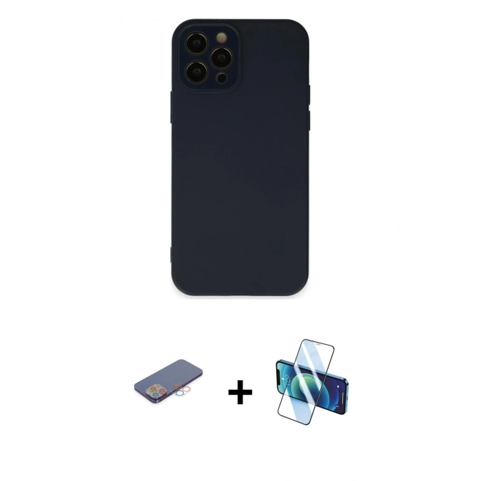 MARSİLYAN™- iPhone 12 Pro Kılıf Çekirdek Modern Serisi - Siyah 3D Antistatik Seramik Nano Ekran Koruyucu + Renkli Kamera Lens Koruma Cam - PE