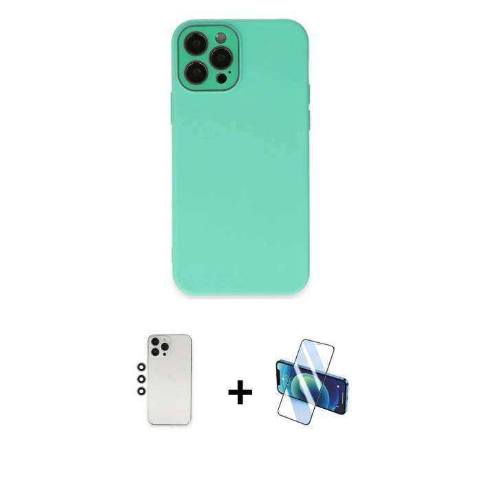 MARSİLYAN™- iPhone 12 Pro Kılıf Çekirdek Modern Serisi - Siyah 3D Antistatik Seramik Nano Ekran Koruyucu + Gümüş Shine Kamera Lens