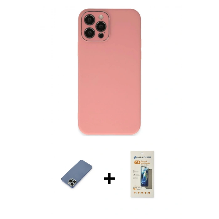 MARSİLYAN™- iPhone 12 Pro Kılıf Çekirdek Modern Serisi - Siyah 6D Mat Seramik Hayalet Nano Ekran Koruyucu + Metal Kamera Lens Koruma Cam - AKYL