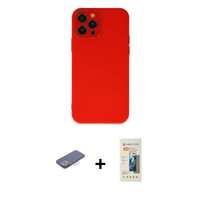 MARSİLYAN™- iPhone 12 Pro Kılıf Çekirdek Modern Serisi - Siyah 6D Mat Seramik Hayalet Nano Ekran Koruyucu + Renkli Kamera Lens Koruma Cam - PE