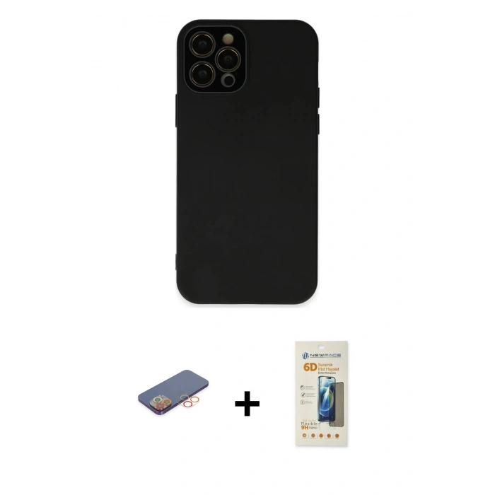 MARSİLYAN™- iPhone 12 Pro Kılıf Çekirdek Modern Serisi - Siyah 6D Mat Seramik Hayalet Nano Ekran Koruyucu + Turuncu Renkli Kamera Lens Koruma Cam