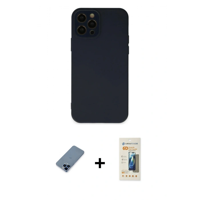 MARSİLYAN™- iPhone 12 Pro Kılıf Çekirdek Modern Serisi - Siyah 6D Mat Seramik Hayalet Nano Ekran Koruyucu + Metal Kamera Lens Koruma Cam - MI