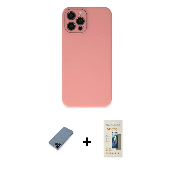 MARSİLYAN™- iPhone 12 Pro Kılıf Çekirdek Modern Serisi - Siyah 6D Mat Seramik Hayalet Nano Ekran Koruyucu + Metal Kamera Lens Koruma Cam - MI