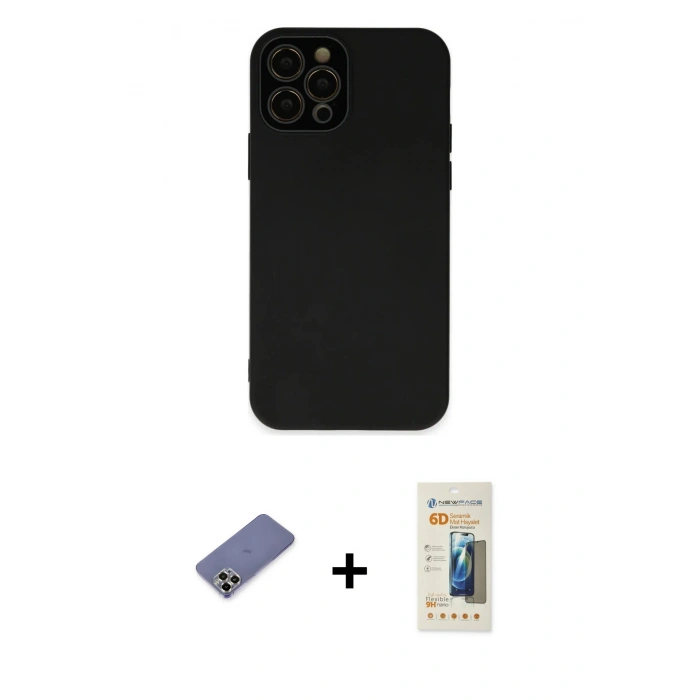 MARSİLYAN™- iPhone 12 Pro Kılıf Çekirdek Modern Serisi - Siyah 6D Mat Seramik Hayalet Nano Ekran Koruyucu + Metal Kamera Lens Koruma Cam - GD