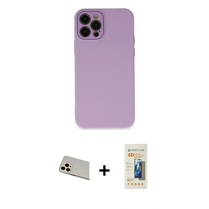 MARSİLYAN™- iPhone 12 Pro Kılıf Çekirdek Modern Serisi - Siyah 6D Mat Seramik Hayalet Nano Ekran Koruyucu + Gold Rainbow Kamera Lens Koruma Cam