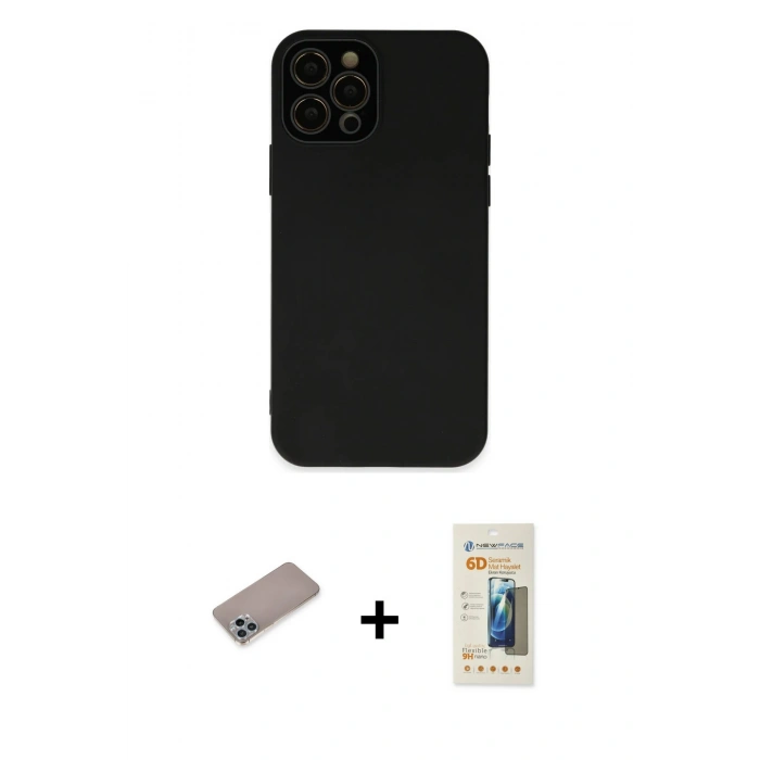 MARSİLYAN™- iPhone 12 Pro Kılıf Çekirdek Modern Serisi - Siyah 6D Mat Seramik Hayalet Nano Ekran Koruyucu + Shine Kamera Lens Koruma Cam - SABE