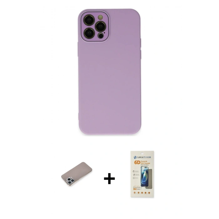 MARSİLYAN™- iPhone 12 Pro Kılıf Çekirdek Modern Serisi - Siyah 6D Mat Seramik Hayalet Nano Ekran Koruyucu + Shine Kamera Lens Koruma Cam - SABE