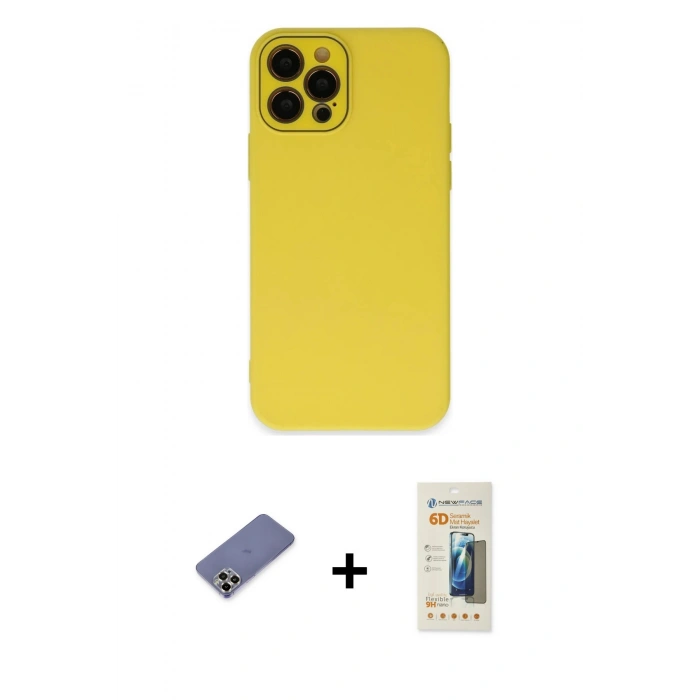 MARSİLYAN™- iPhone 12 Pro Kılıf Çekirdek Modern Serisi - Siyah 6D Mat Seramik Hayalet Nano Ekran Koruyucu + Metal Kamera Lens Koruma Cam - GD