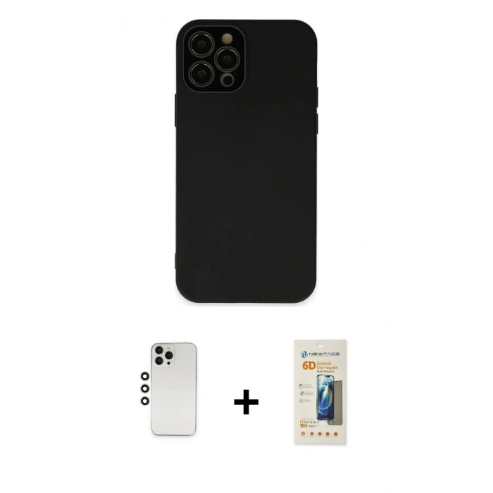 MARSİLYAN™- iPhone 12 Pro Kılıf Çekirdek Modern Serisi - Siyah 6D Mat Seramik Hayalet Nano Ekran Koruyucu + Shine Kamera Lens - GS