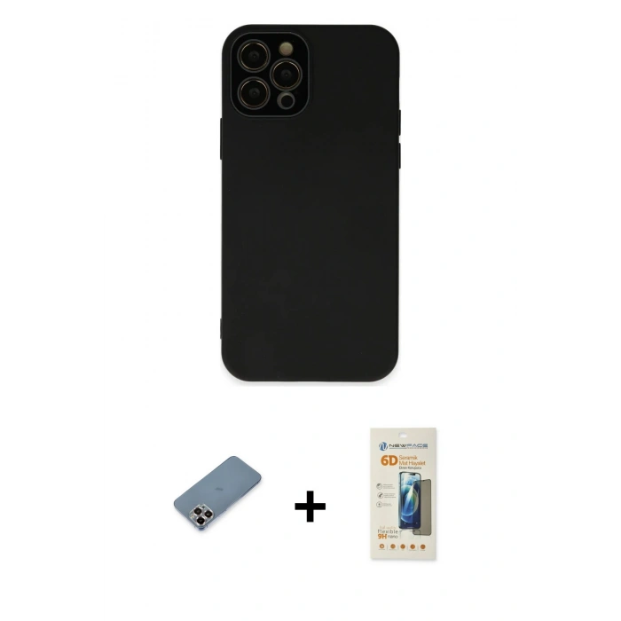 MARSİLYAN™- iPhone 12 Pro Kılıf Çekirdek Modern Serisi - Siyah 6D Mat Seramik Hayalet Nano Ekran Koruyucu + Metal Kamera Lens Koruma Cam - MR
