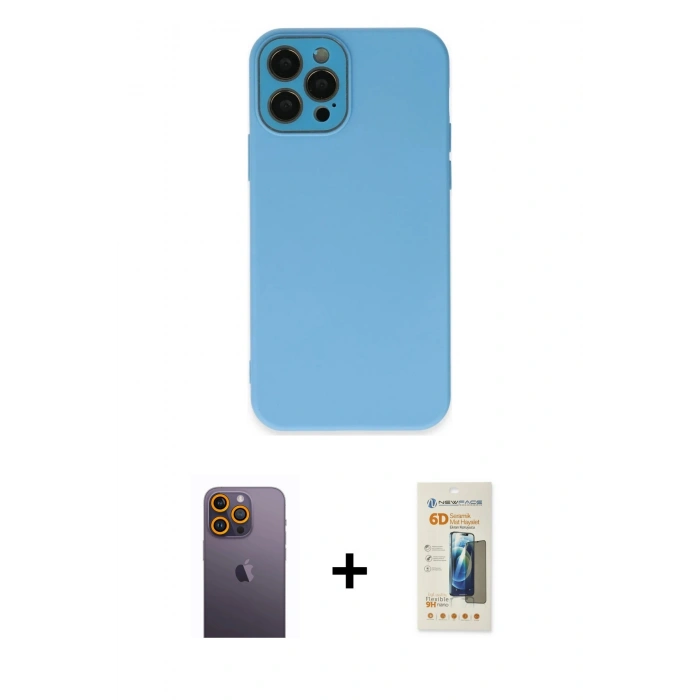 MARSİLYAN™- iPhone 12 Pro Kılıf Çekirdek Modern Serisi - Siyah 6D Mat Seramik Hayalet Nano Ekran Koruyucu + Neon Fosforlu Kamera Lens - SI