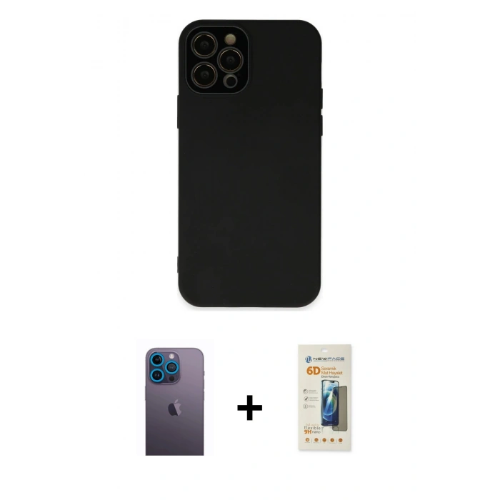 MARSİLYAN™- iPhone 12 Pro Kılıf Çekirdek Modern Serisi - Siyah 6D Mat Seramik Hayalet Nano Ekran Koruyucu + Neon Fosforlu Kamera Lens - MI