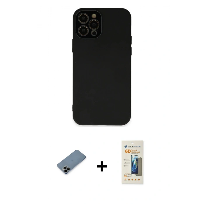 MARSİLYAN™- iPhone 12 Pro Kılıf Çekirdek Modern Serisi - Siyah 6D Mat Seramik Hayalet Nano Ekran Koruyucu + Shine Kamera Lens Koruma Cam - SH
