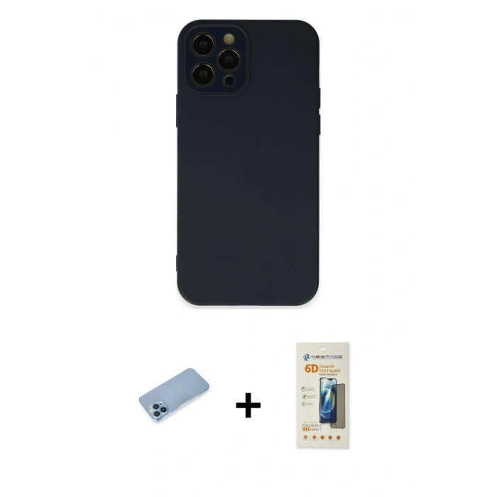 MARSİLYAN™- iPhone 12 Pro Kılıf Çekirdek Modern Serisi - Siyah 6D Mat Seramik Hayalet Nano Ekran Koruyucu + Shine Kamera Lens Koruma Cam - MI