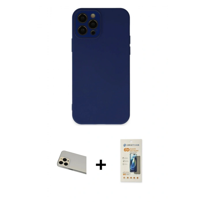 MARSİLYAN™- iPhone 12 Pro Kılıf Çekirdek Modern Serisi - Siyah 6D Mat Seramik Hayalet Nano Ekran Koruyucu + Gold Rainbow Kamera Lens Koruma Cam