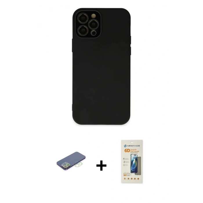 MARSİLYAN™- iPhone 12 Pro Kılıf Çekirdek Modern Serisi - Siyah 6D Mat Seramik Hayalet Nano Ekran Koruyucu + Renkli Kamera Lens Koruma Cam - YL