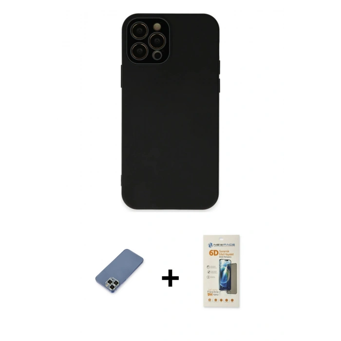 MARSİLYAN™- iPhone 12 Pro Kılıf Çekirdek Modern Serisi - Siyah 6D Mat Seramik Hayalet Nano Ekran Koruyucu + Metal Kamera Lens Koruma Cam - AKYL